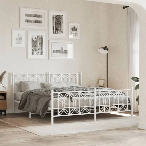Cadre de lit métal sans matelas et pied de lit blanc 180x200 cm