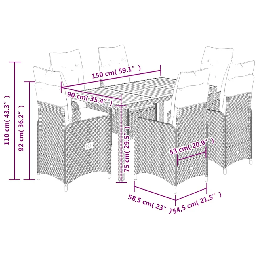 Ensemble de bistro de jardin 7 pcs coussins gris poly rotin - 7
