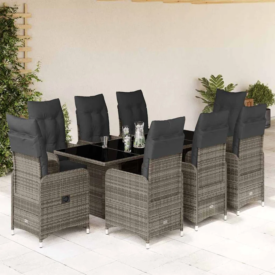 Ensemble de bistro de jardin 9 pcs coussins gris poly rotin