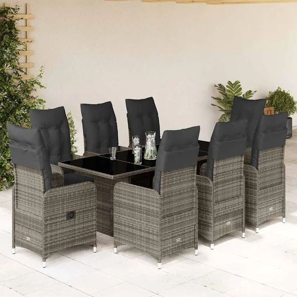 Ensemble de bistro de jardin 9 pcs coussins gris poly rotin