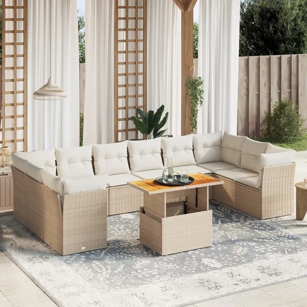 Salon de jardin 11 pcs avec coussins beige résine tressée
