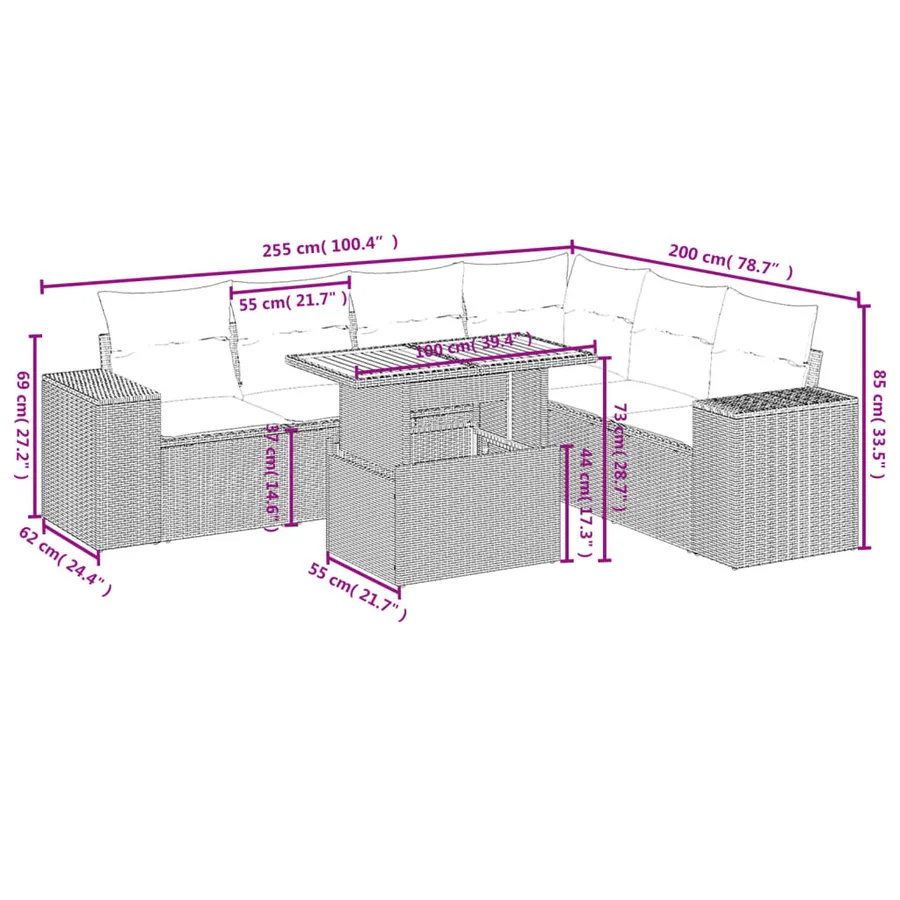 Salon de jardin avec coussins 7 pcs beige résine tressée - 3