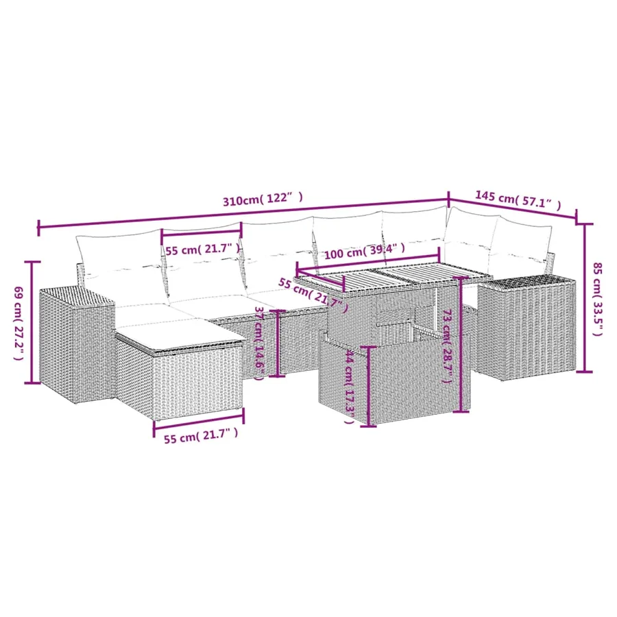 Salon de jardin avec coussins 8 pcs beige résine tressée - 3