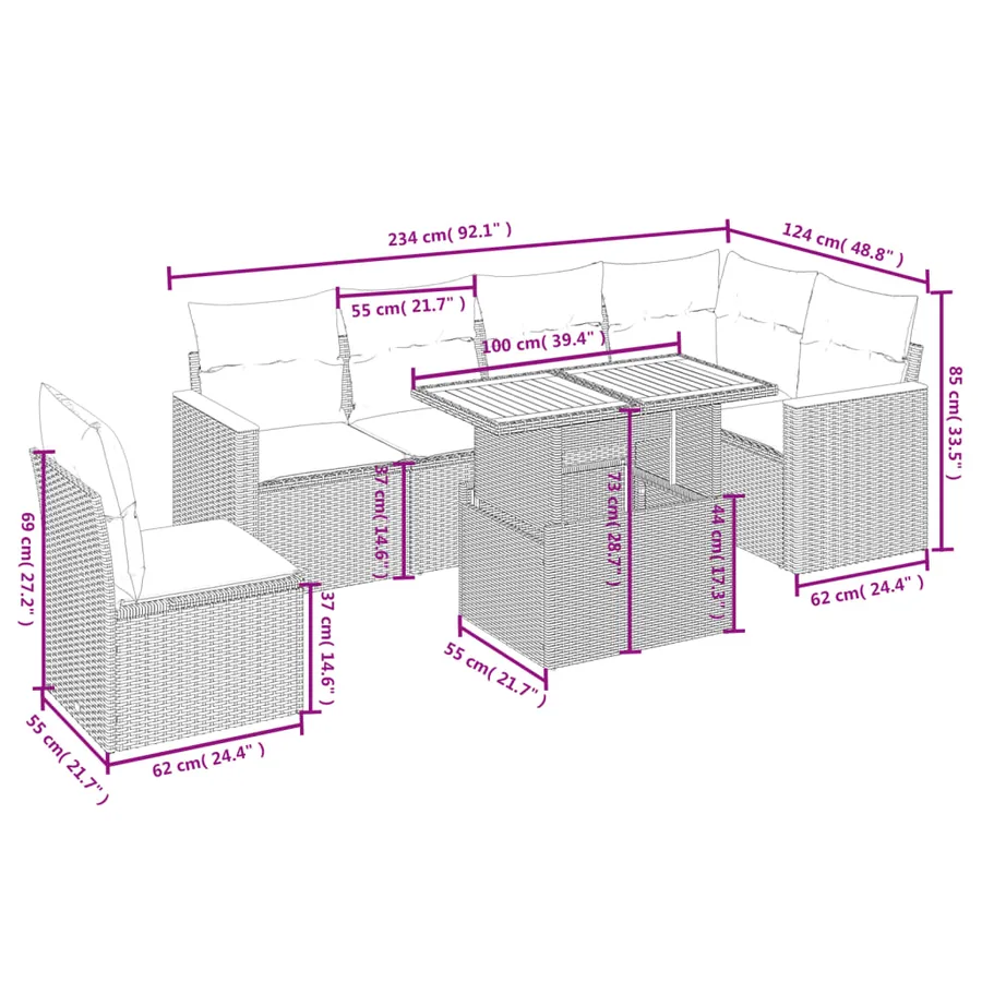 Salon de jardin avec coussins 7 pcs beige résine tressée - 3