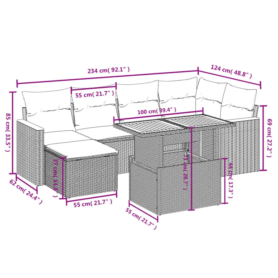 Salon de jardin avec coussins 7 pcs beige résine tressée - 3