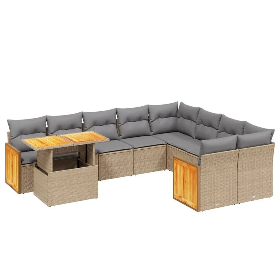Salon de jardin avec coussins 10 pcs beige résine tressée - 2