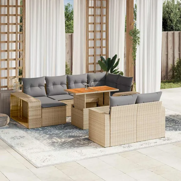 Salon de jardin 11 pcs avec coussins beige résine tressée