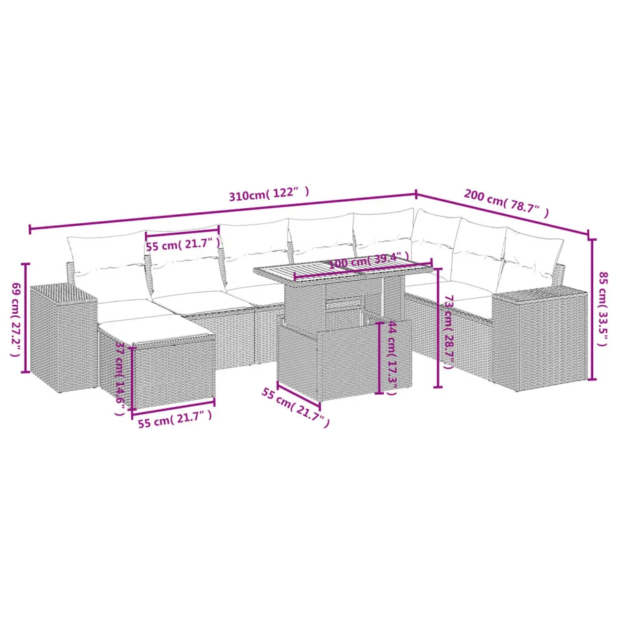 Salon de jardin avec coussins 9 pcs beige résine tressée - 4