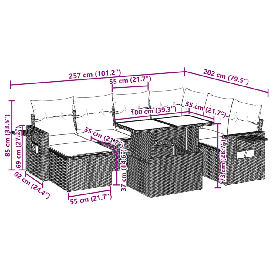 Salon de jardin avec coussins 8 pcs beige résine tressée - 14