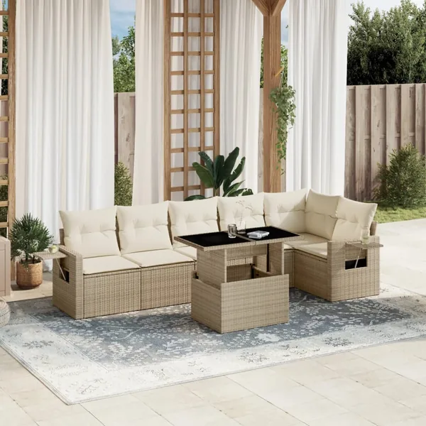 Salon de jardin avec coussins 7 pcs beige résine tressée