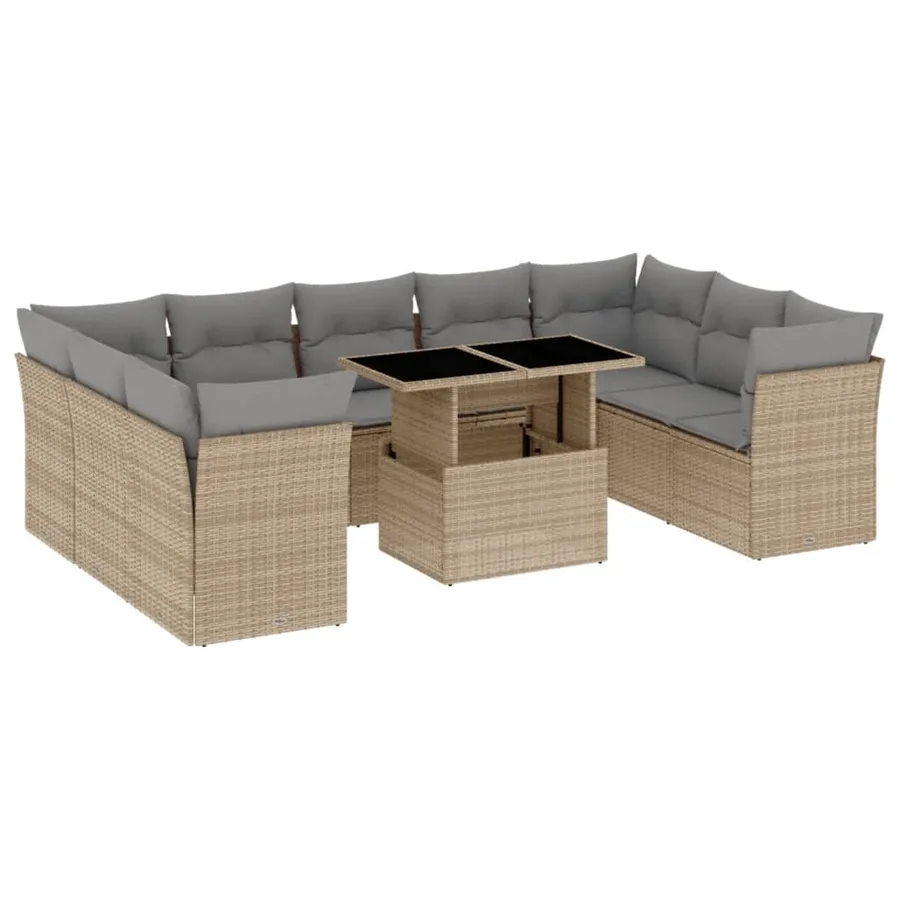 Salon de jardin avec coussins 10 pcs beige résine tressée - 2