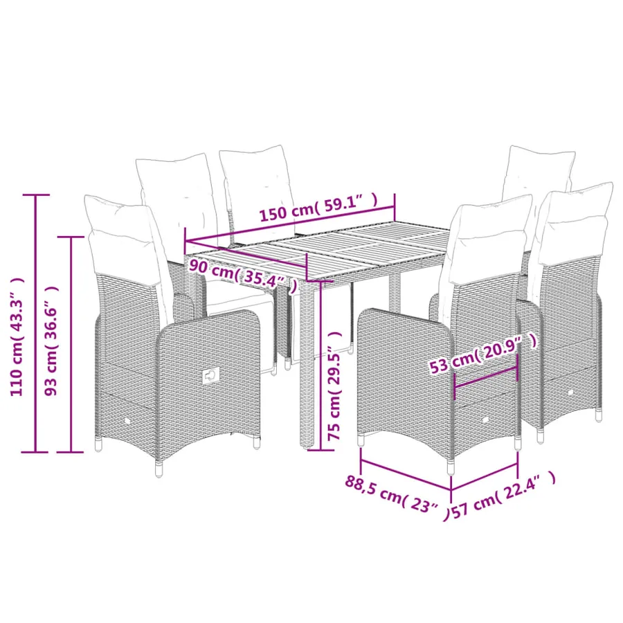 Ensemble de bistro de jardin 7 pcs coussins noir poly rotin - 7
