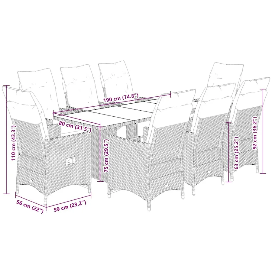 Ensemble de bistro de jardin 9 pcs coussins gris poly rotin - 7