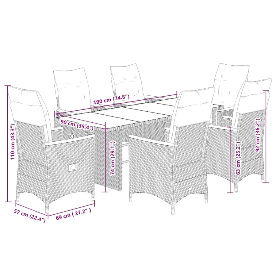 Ensemble à manger de jardin et coussins 7 pcs gris rotin - 7