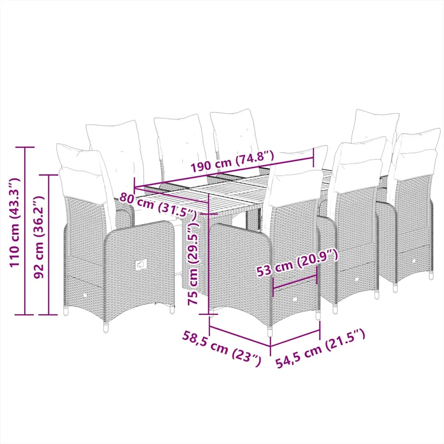 Ensemble de bistro de jardin 9 pcs coussins gris poly rotin - 7