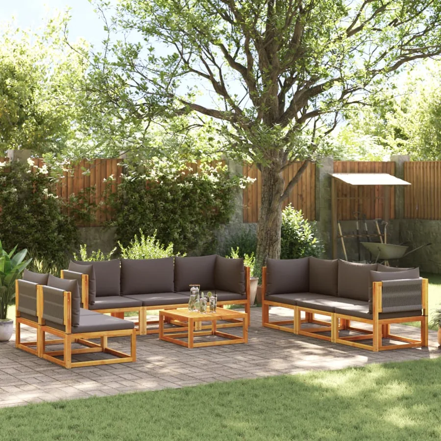 Ensemble de canapés de jardin 9 pièces avec coussins en bois d'acacia et corde