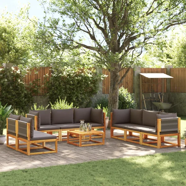 Ensemble de canapés de jardin 9 pièces avec coussins en bois d'acacia et corde