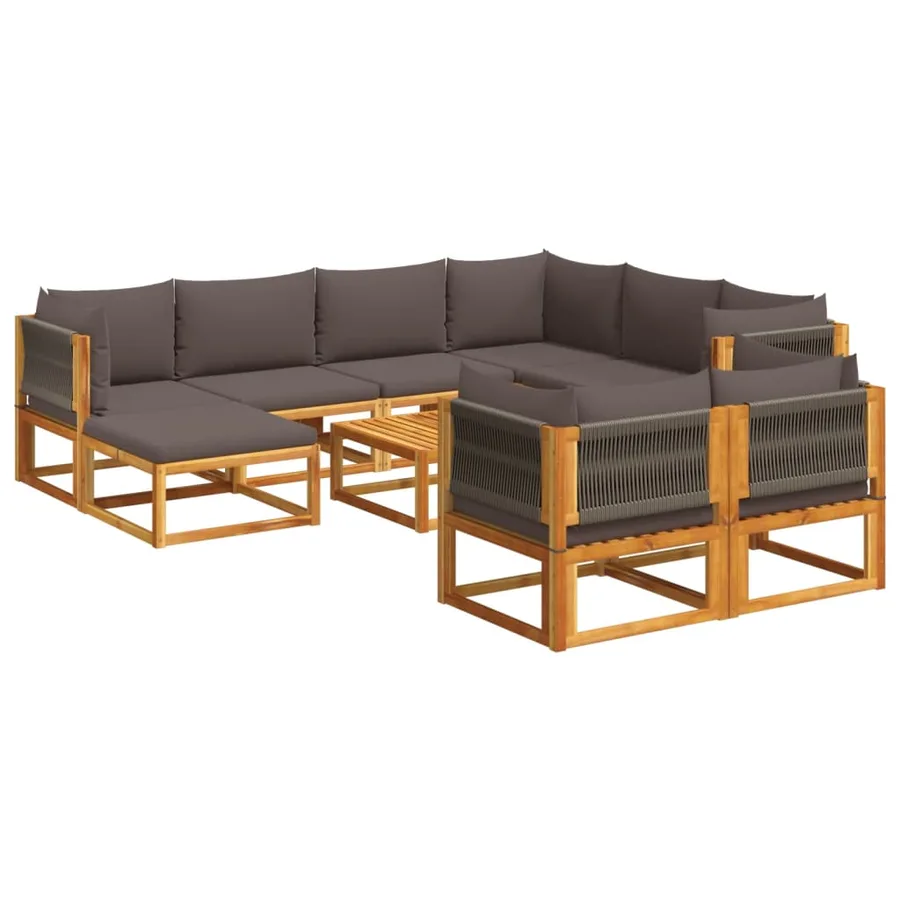 Ensemble de canapés de jardin 10 pièces avec coussins en bois d'acacia et corde - 2