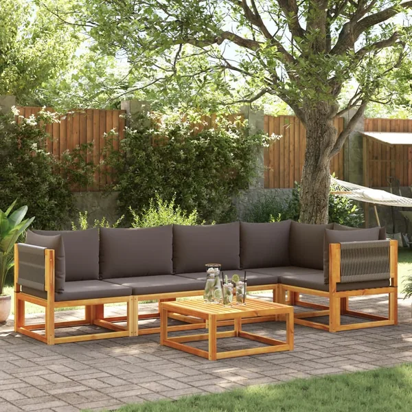Ensemble de canapés de jardin 6 pièces avec coussins en bois d'acacia et corde