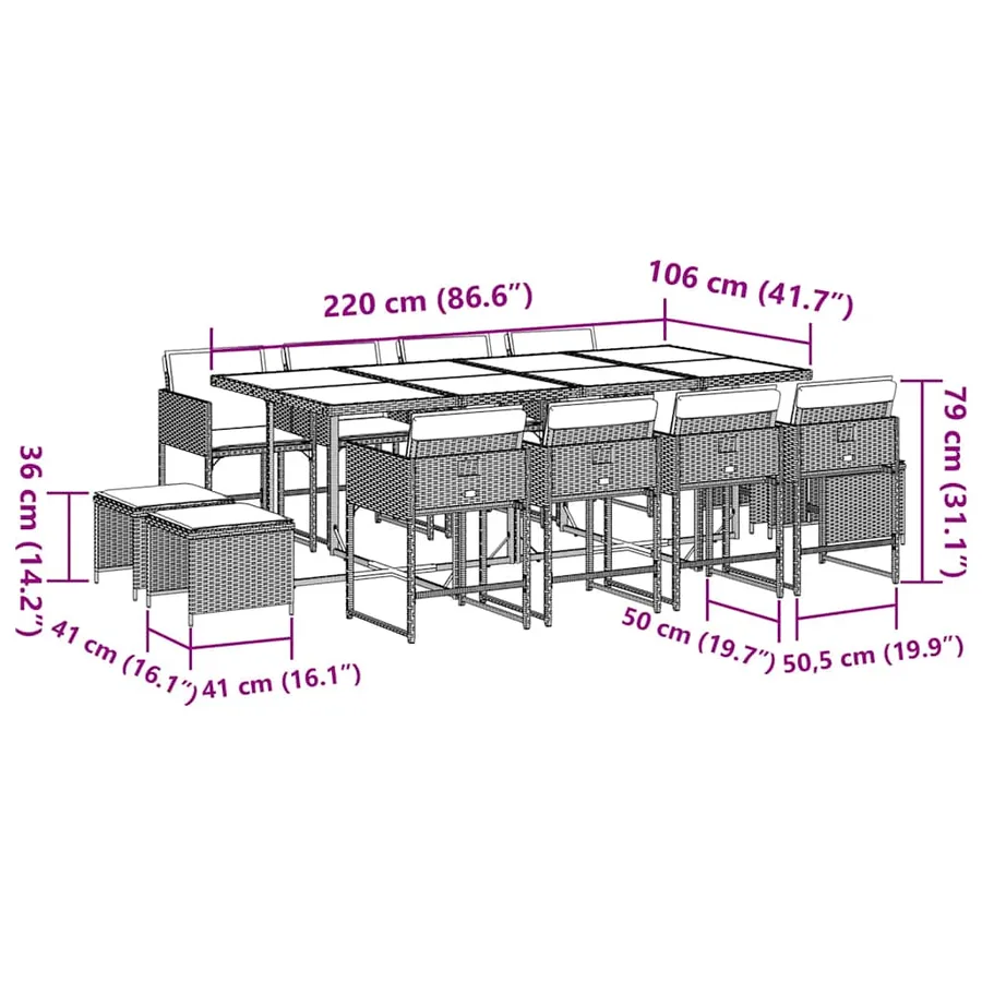 Ensemble à manger de jardin et coussins 13 pcs gris clair rotin - 11