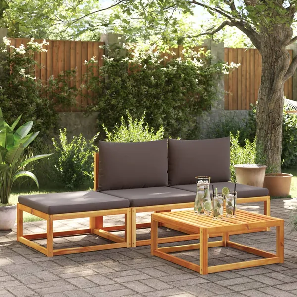Ensemble de canapés de jardin 4 pièces avec coussins en bois d'acacia et rotin