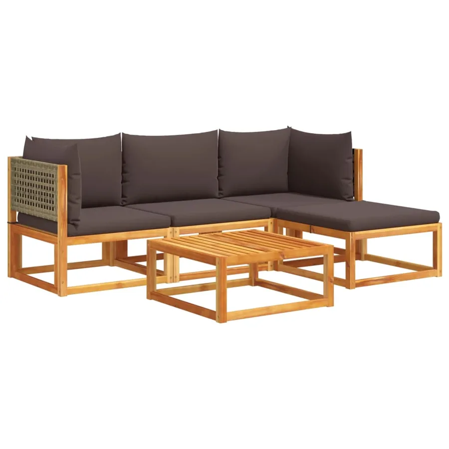 Ensemble de canapés de jardin 5 pièces avec coussins en bois d'acacia et rotin - 2