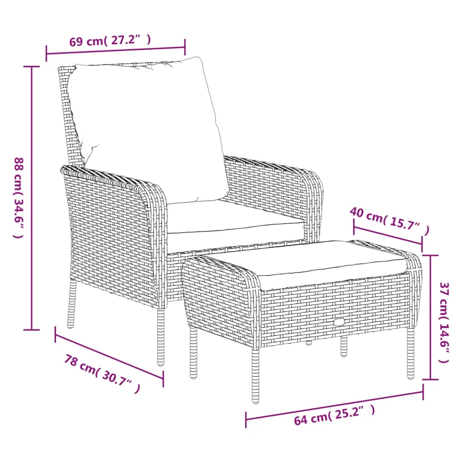 Chaise de jardin avec tabouret gris résine tressée - 11