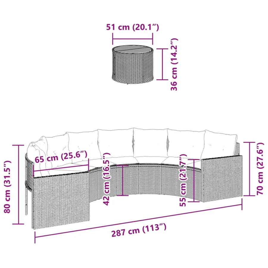 Canapé de jardin table coussins demi-rond noir résine tressée - 9