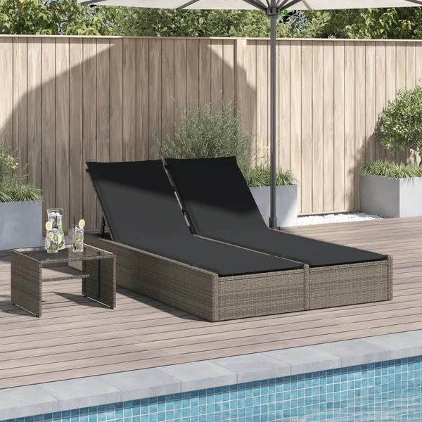 Chaise longue double avec coussins gris résine tressée