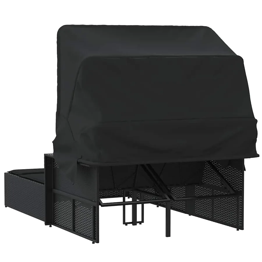 Chaise longue double et auvent et coussins gris résine tressée - 15