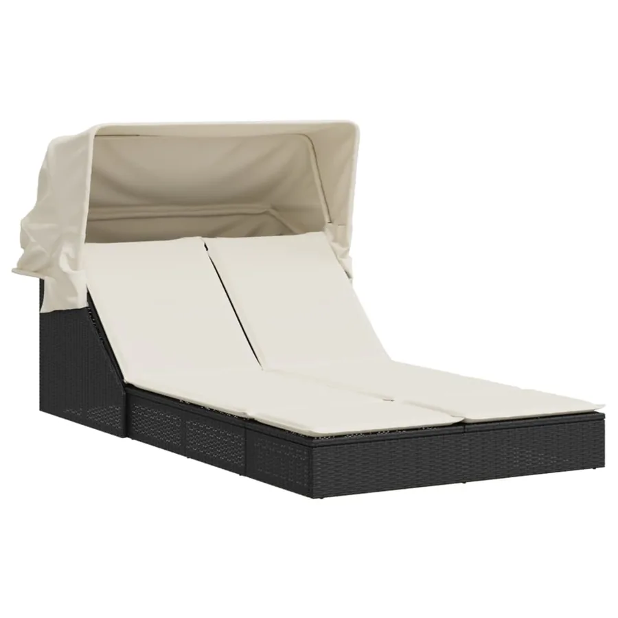 Chaise longue double et auvent et coussins gris résine tressée - 24
