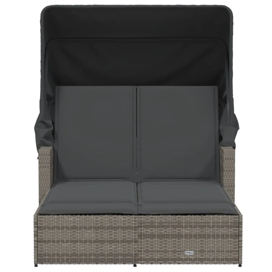 Chaise longue double et auvent et coussins gris résine tressée - 35