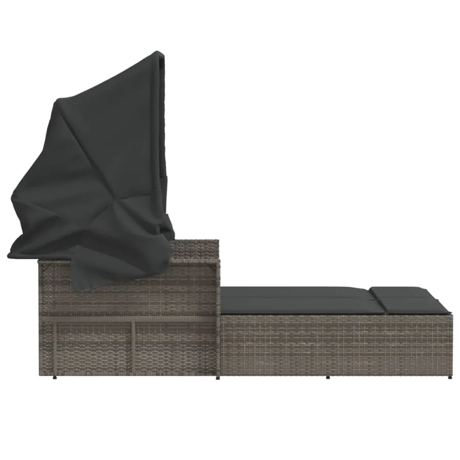 Chaise longue double et auvent et coussins gris résine tressée - 36