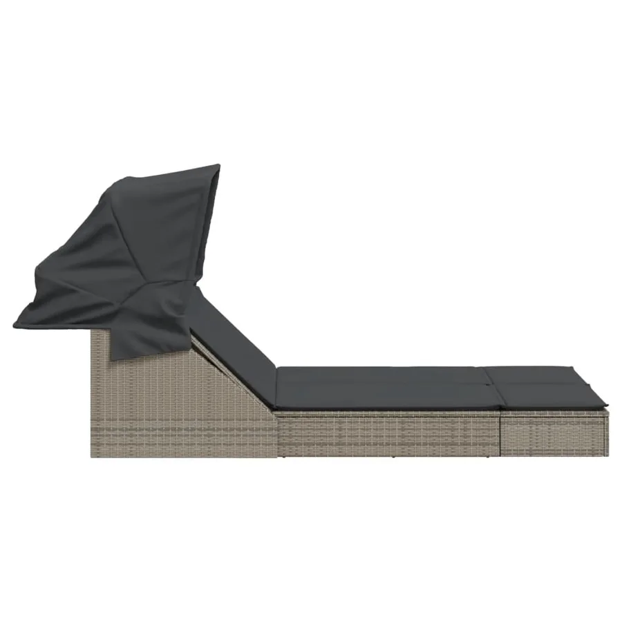 Chaise longue double et auvent et coussins gris résine tressée - 4