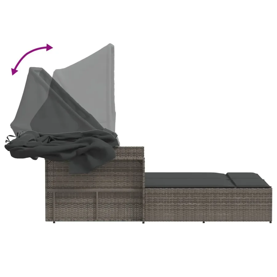 Chaise longue double et auvent et coussins gris résine tressée - 40