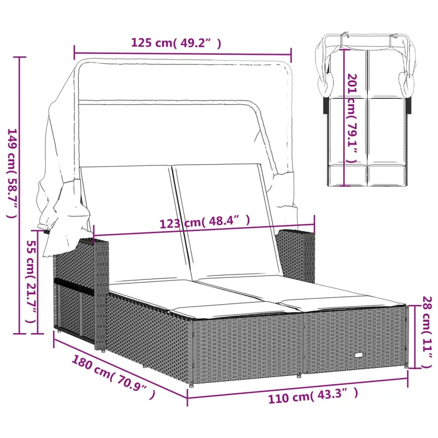 Chaise longue double et auvent et coussins gris résine tressée - 43