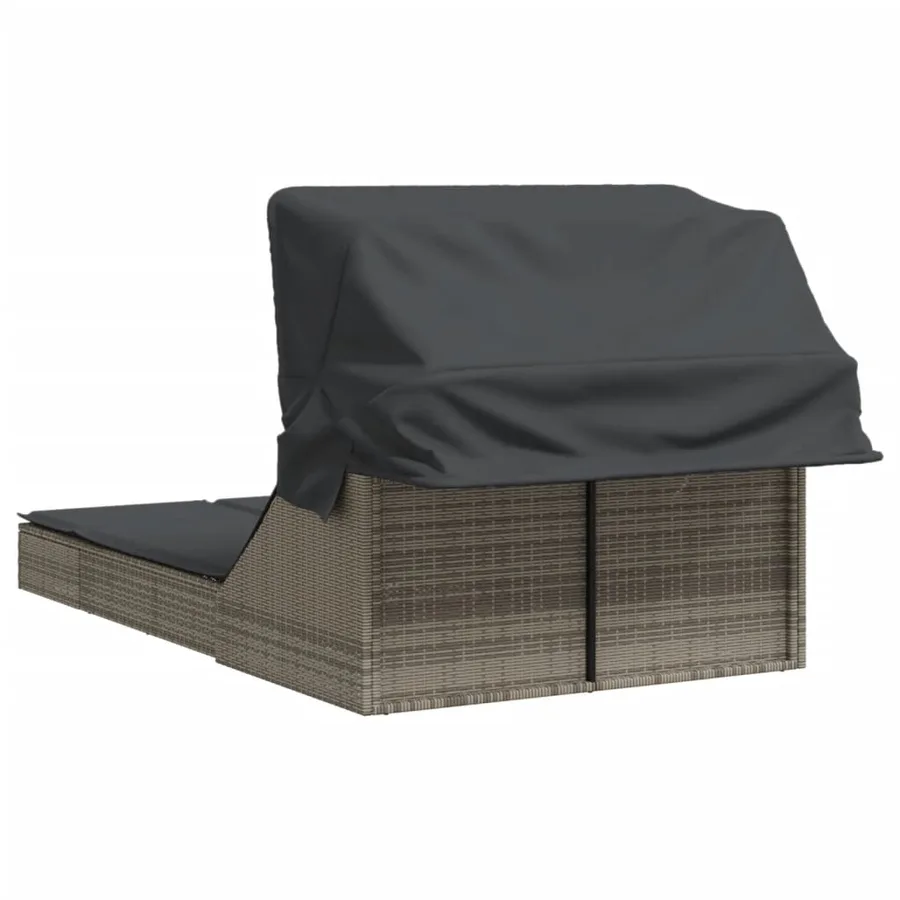 Chaise longue double et auvent et coussins gris résine tressée - 5