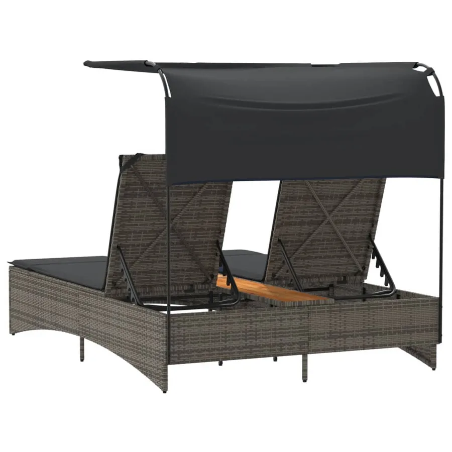 Chaise longue double et auvent et coussins gris résine tressée - 51