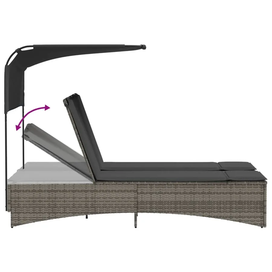 Chaise longue double et auvent et coussins gris résine tressée - 52