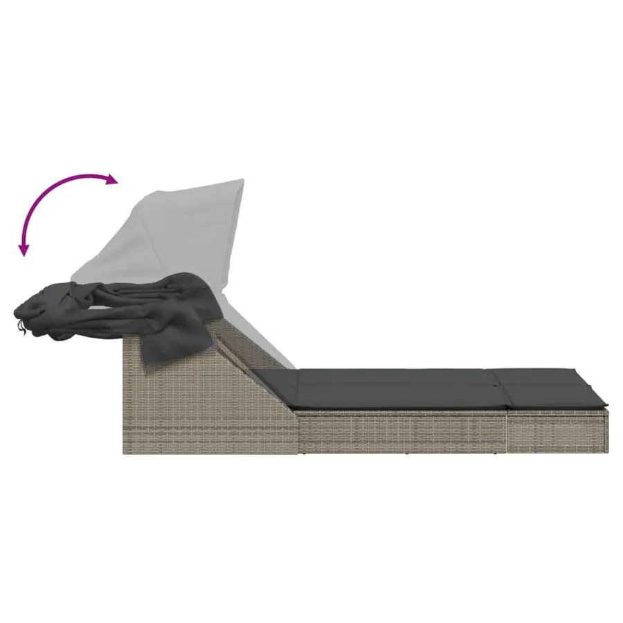 Chaise longue double et auvent et coussins gris résine tressée - 6