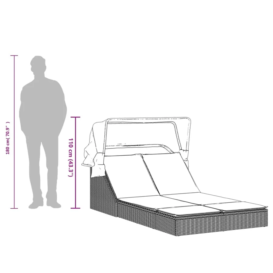 Chaise longue double et auvent et coussins gris résine tressée - 64