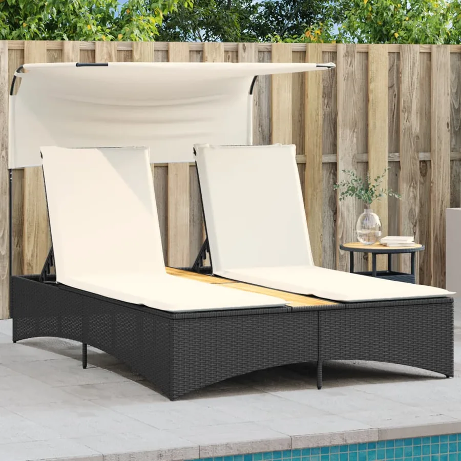 Chaise longue double et auvent et coussins gris résine tressée - 65