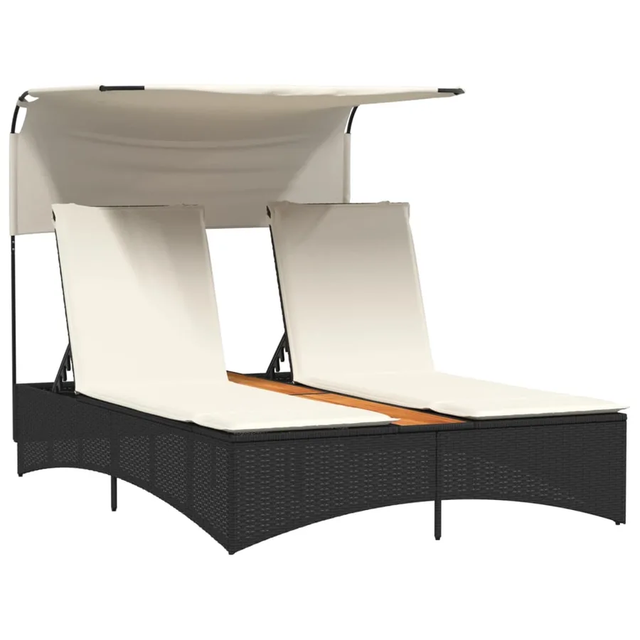 Chaise longue double et auvent et coussins gris résine tressée - 66