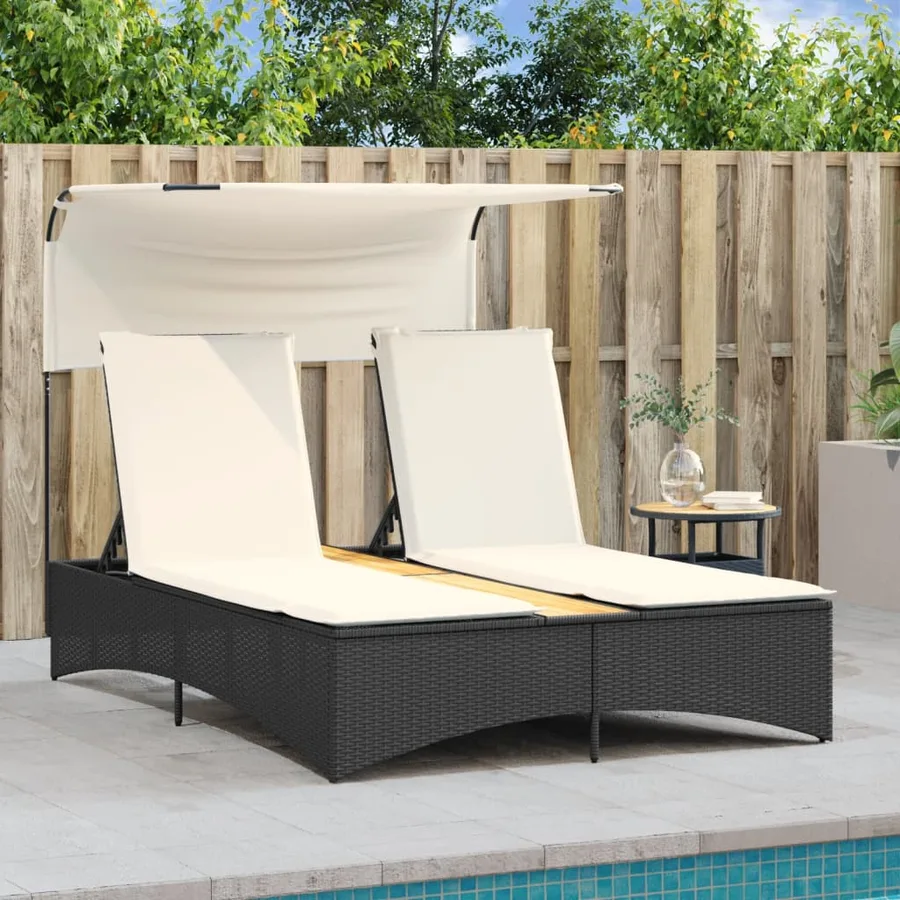 Chaise longue double et auvent et coussins gris résine tressée - 67
