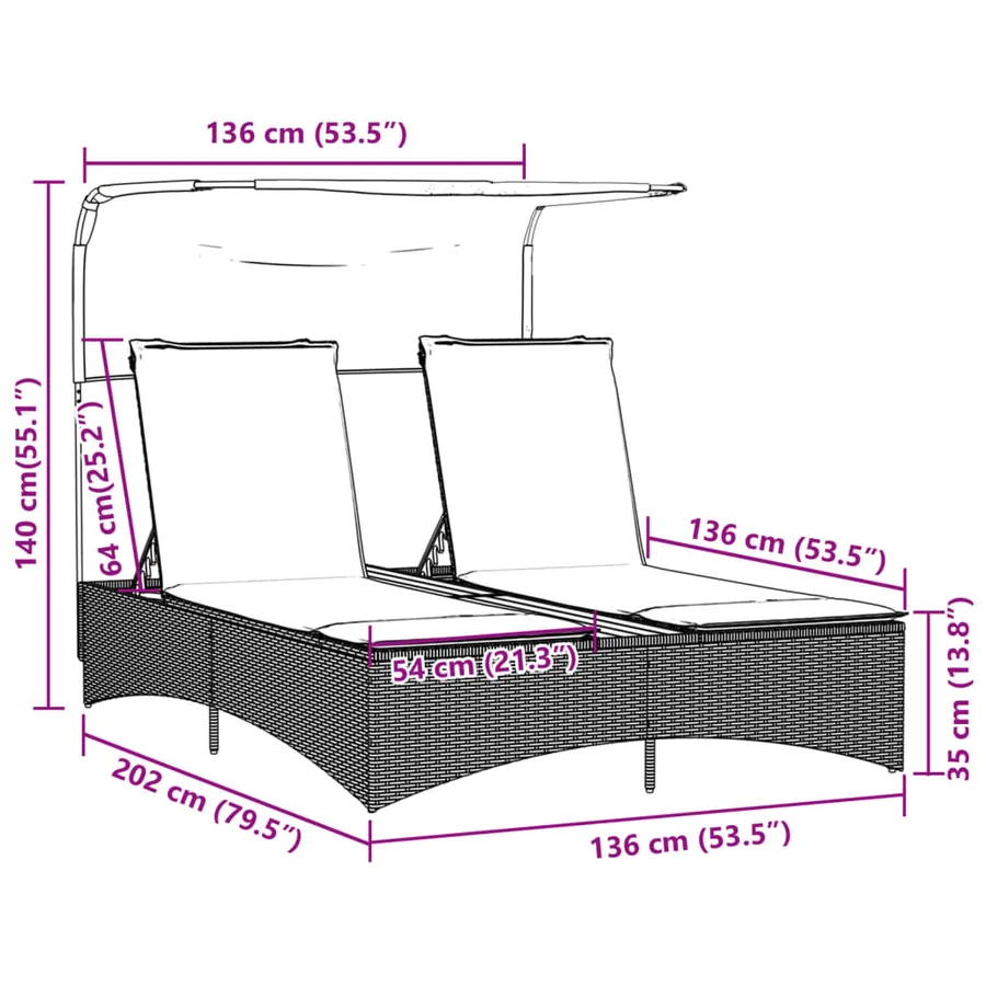 Chaise longue double et auvent et coussins gris résine tressée - 75