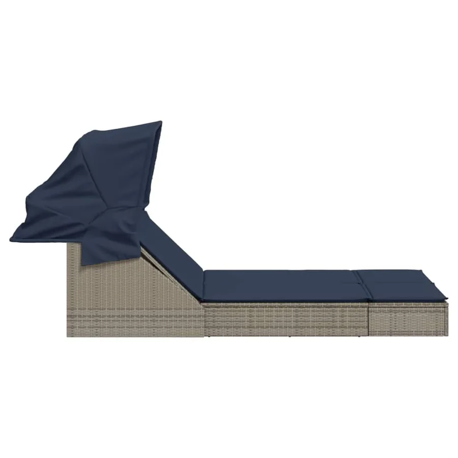 Chaise longue double et auvent et coussins gris résine tressée - 79