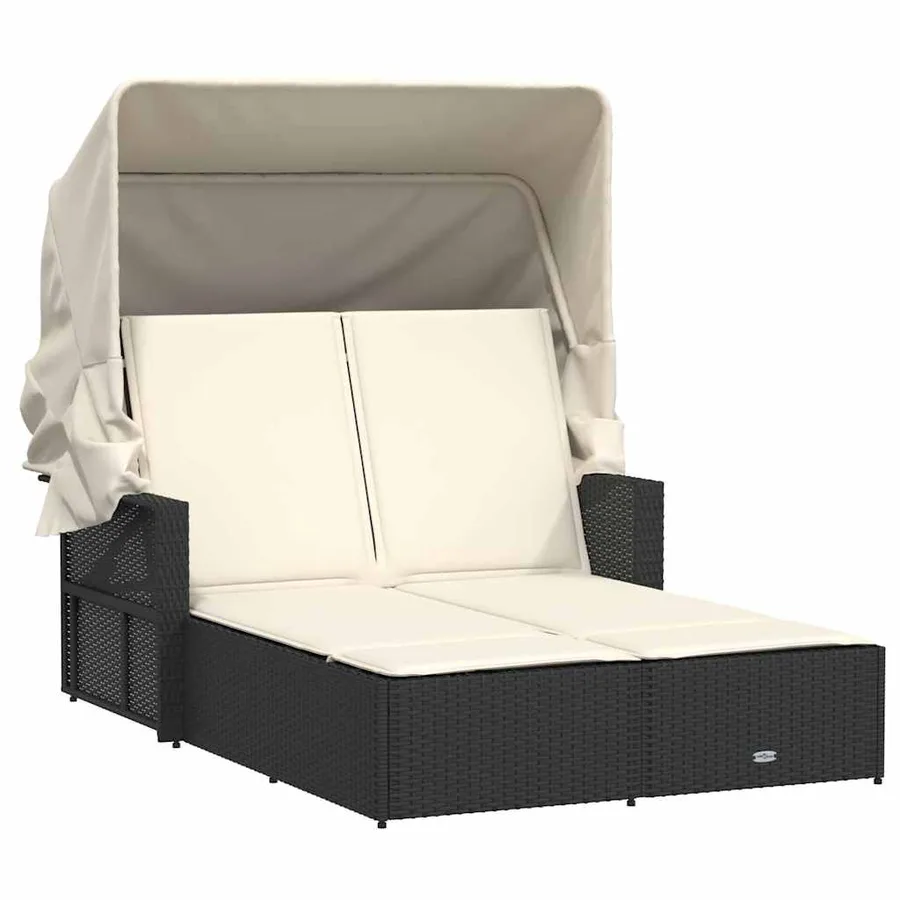 Chaise longue double et auvent et coussins gris résine tressée - 86