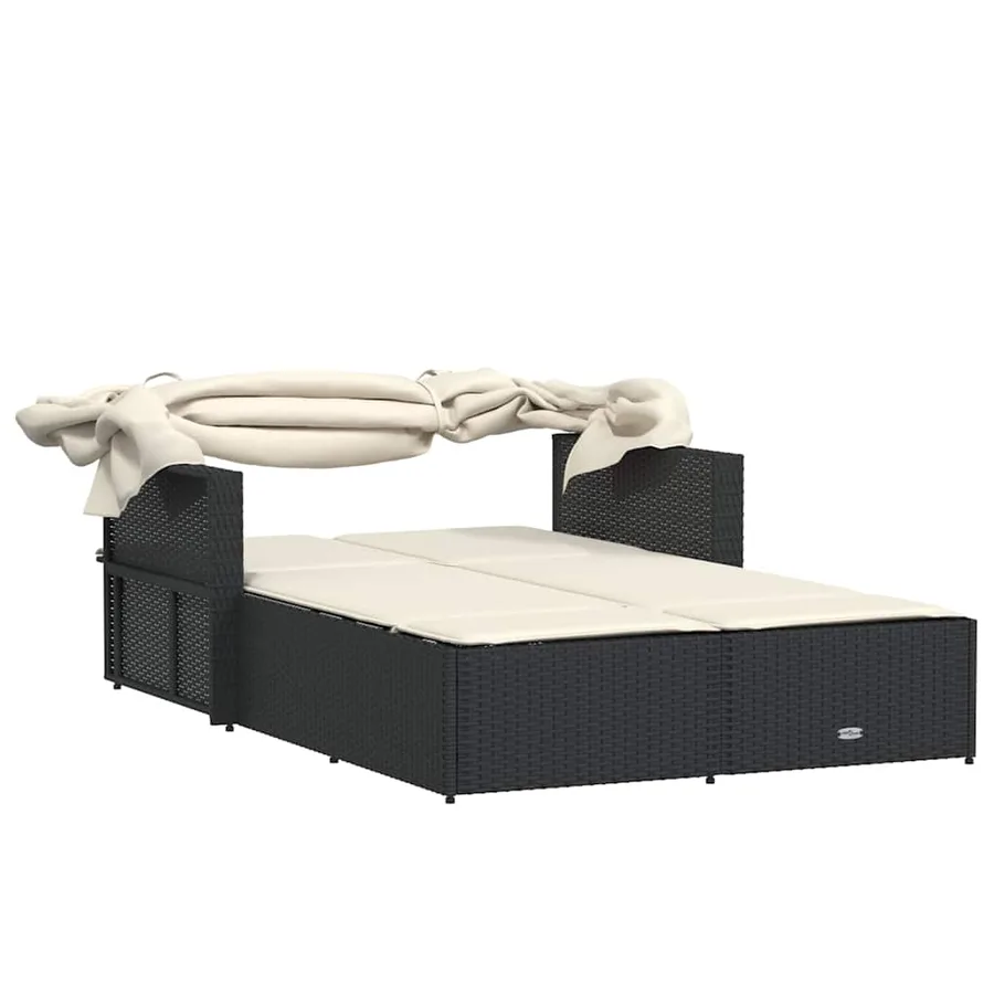 Chaise longue double et auvent et coussins gris résine tressée - 91