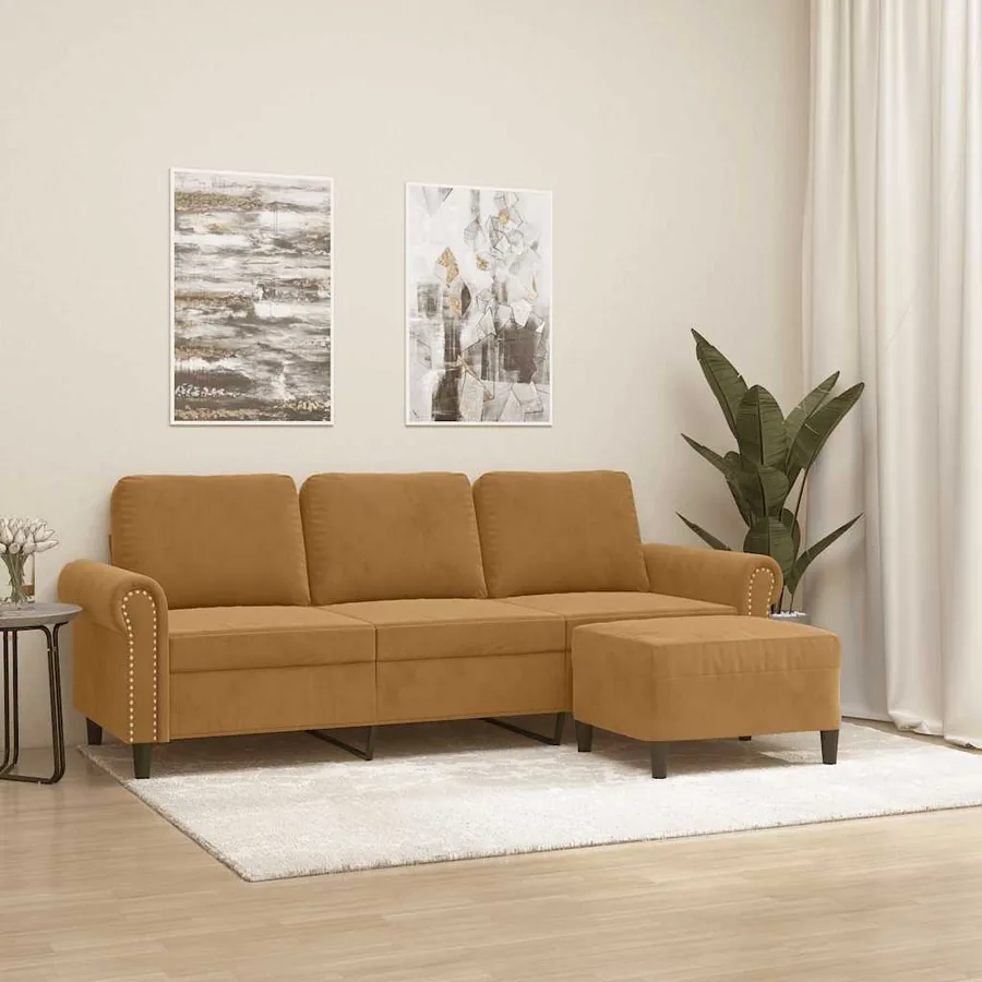 Canapé à 3 places avec repose-pieds Marron 180 cm Velours