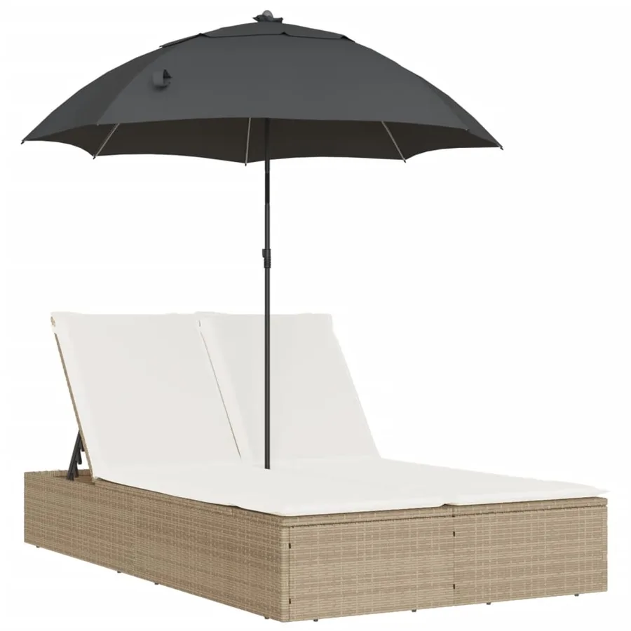 Chaise longue double avec coussins et parasol beige poly rotin - 12